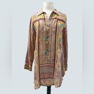 Johnny Was 100% silk scarf-printed button front tunic